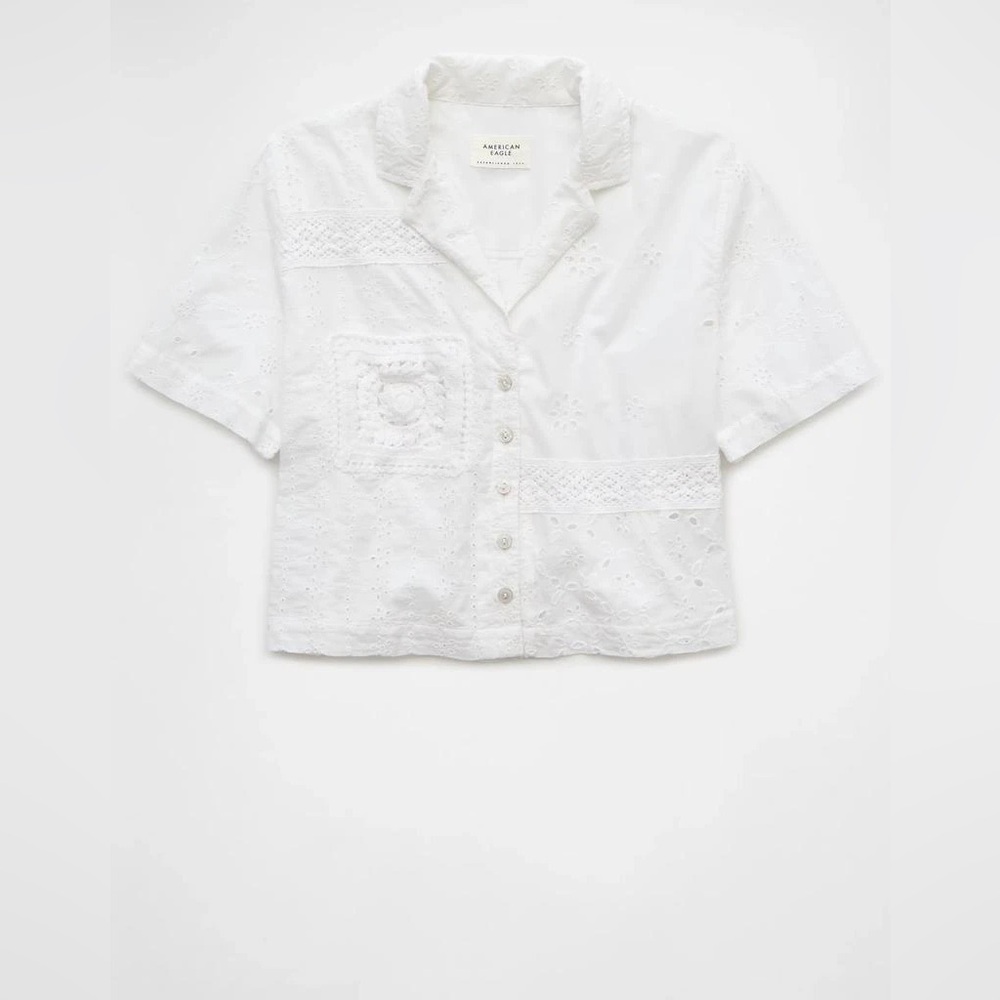 AE Cropped Eyelet Button-Up Shirt embroidered pocket white XL American Eagle - Picture 2 of 7